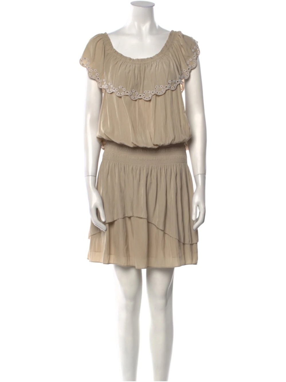 RAMY BROOK: Women's Beige Ruffled Cap-Sleeve Tiered Dress Size: L